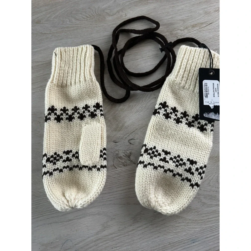 rag & bone BROOKE WOOL Mittens with Neck‎ cord IVORY FAIR ISLE One Size NEW $150
